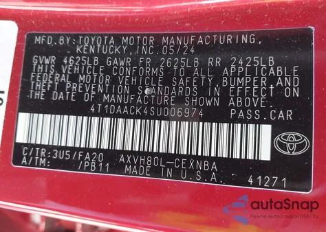 2025 Toyota Camry Xse z USA, uszkodzony, nr VIN 4T1DAACK4SU006974